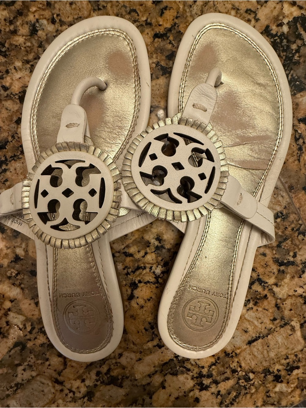 Tory Burch White Leather Miller Logo Thong Sandals with Gold Footbed
